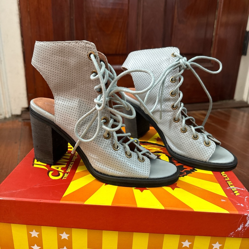 Jeffrey Campbell x Free People light gray lace up booties